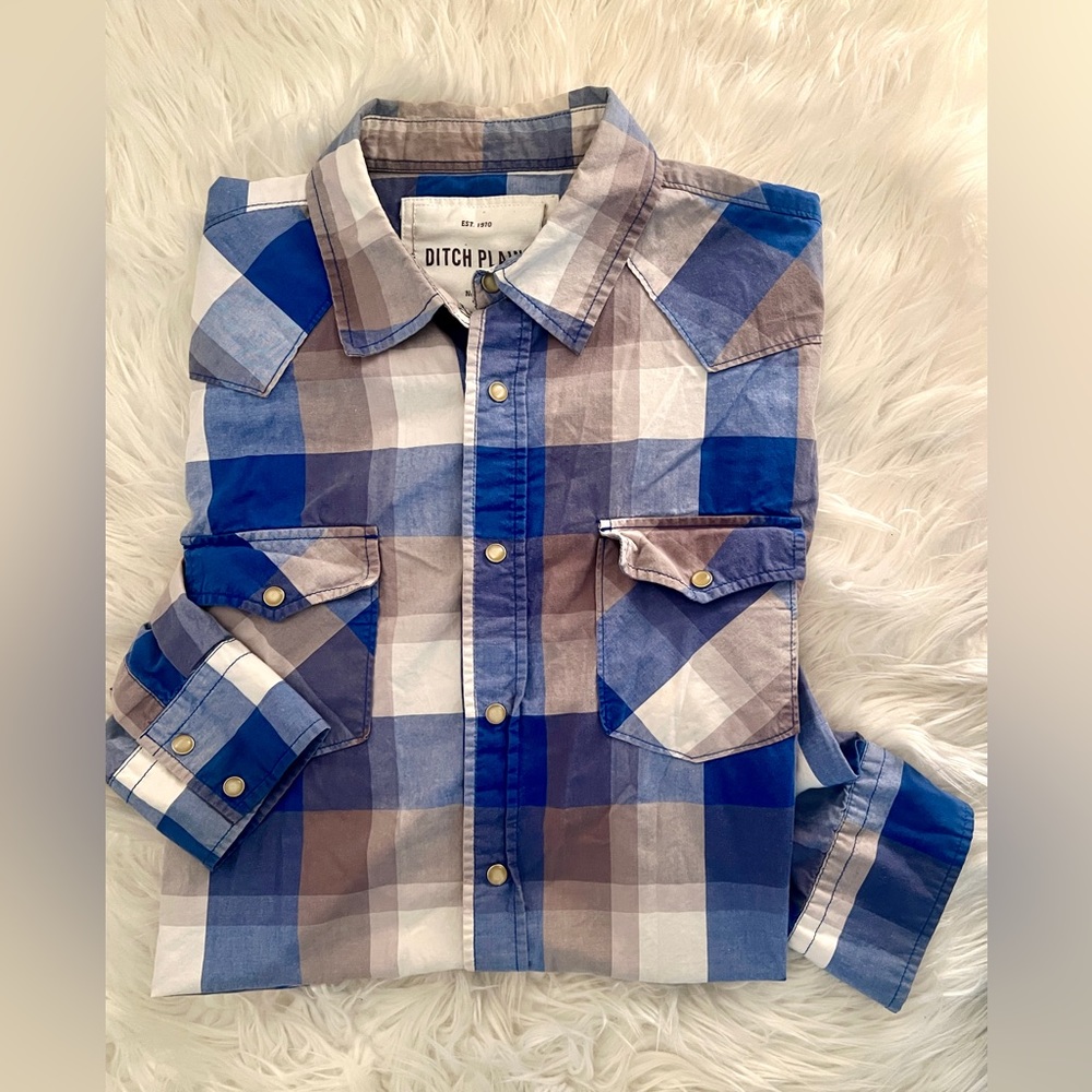 Ditch Plains Men’s Blue & Ivory Plaid Western Button Down Shirt! Sz XL!
